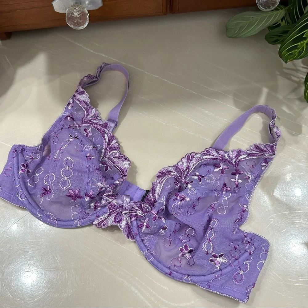 VTG Fredericks of Hollywood Purple Floral Mesh Bra Bralette - Picture 1 of 5